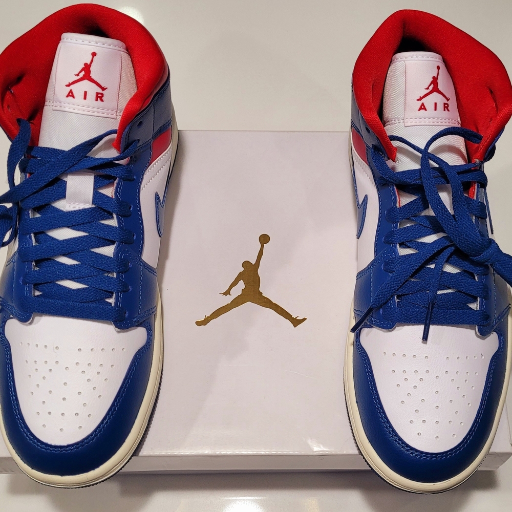 NIKE Air Jordan 1 Mid Women's Size 8 Sneaker in Red, Blue, and White - NWT